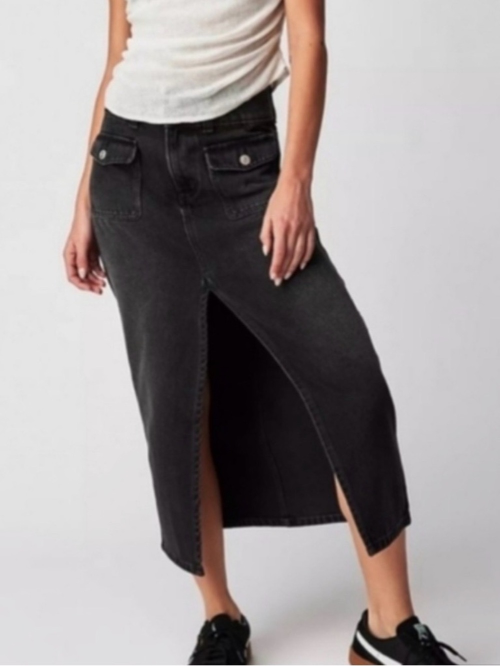Free People Madison Black Denim Midi Skirt 24 (Measures 28") Cargo Split Front